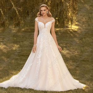 Wedding Dress V-neck Backless Ball Gown White Embroidered Lace Net Fabric Women's Formal Evening Gown - Product Image 1