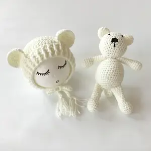 प्यारा बुना हुआ Crochet बोनट टोपी आलीशान भालू गुड़िया सेट नवजात फोटोग्राफी प्रोप टोपी