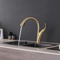Robinet de cuisine monocommande en laiton doré brossé, bec rotatif à 360 degrés, en céramique, à montage sur plan, design moderne, eau froide