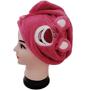 best seller Strawberry Bear Bath Towel Two Piece Children Gift Cartoon Embroidered Coral Fleece shower cap