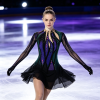 Robe de patinage artistique noire, verte et violette, col montant, manches longues en maille, jupe ornée de strass pour enfants et adultes, compétition et performance