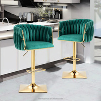 Tabouret de bar de luxe avec rembourrage à dossier tissé moderne Chaises de bar en laiton et velours vert Chaises de bar pivotantes et hautes pour cuisine avec accoudoir