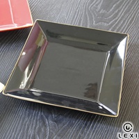 Plateau carré en céramique aspect laque avec bordure dorée, présentoir de table en bois foncé, vente en gros, décoration de table de salon LEXI