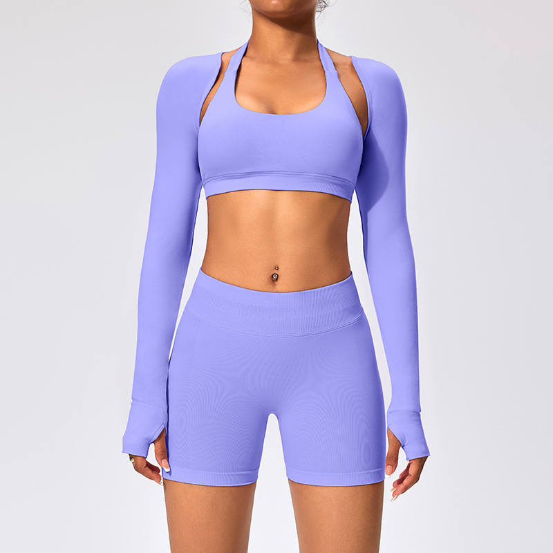 Periwinkle shorts, shawl, and bra three-piece set