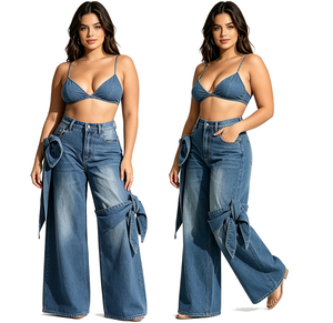 Nouveau Jean <span class=keywords><strong>Femme</strong></span> 2026 Élégant à <span class=keywords><strong>N</strong></span>œud Papillon et Patchwork, Taille Haute, Coupe Droite Ample, Chic, Amincissant et Polyvalent - Product Image 1