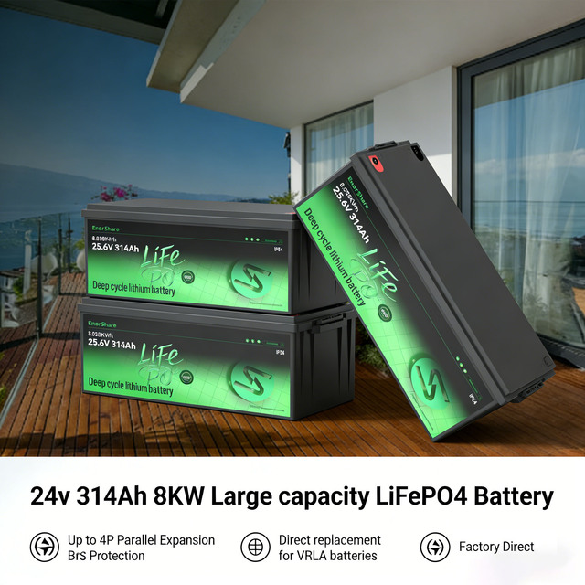 Enershare 314Ah 24V Lifepo4 Battery Lithium Ion Batteries Pack Off-grid Solar Telecom UPS RV VRLA Direct Replacement
