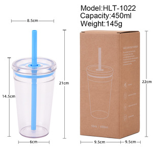 Gobelet en plastique réutilisable transparent 450ml Tritan Boba à paroi unique tasse à café thé au lait multicolore avec paille - Product Image 3