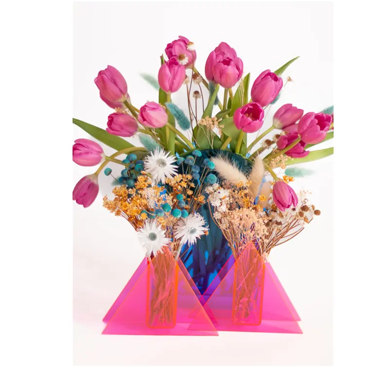ネオンピンクアクリル花瓶花植物用装飾花瓶家の装飾ファンキーな三角形の花瓶