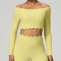 Top Deportivo Corto de Manga Larga con Hombros Descubiertos para Mujer, Tallas Grandes, con Logotipo Frontal, de Nailon y Spandex, para Gimnasio, Yoga y Ejercicio