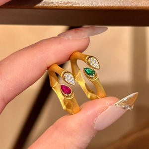 Bague empilable pour femme en cuivre doré, incrustée de diamants et de <span class=keywords><strong>rubis</strong></span> en forme de poire, avec motif nœud de bambou - Product Image 1