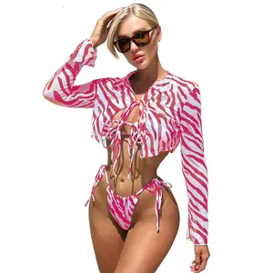 Estate manica lunga maglia Bikini trasparente Micro Mini Lace up stampato Bikini donna 2023 Bikini Set donna costumi da bagno Beachwear