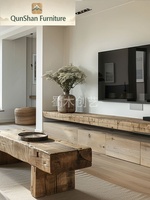 Meuble TV et table basse mobiles en bois massif, style rustique Wabi-sabi |   Console multimédia en bois vieilli vintage pour le rangement et la décoration du salon