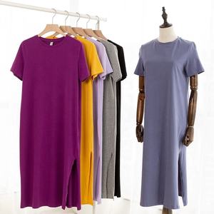 Robe T-<span class=keywords><strong>shirt</strong></span> décontractée ample pour <span class=keywords><strong>femme</strong></span>, grande taille, vêtements de luxe pour <span class=keywords><strong>femme</strong></span>, robe de détente en coton à col rond et manches courtes avec fente latérale - Product Image 3