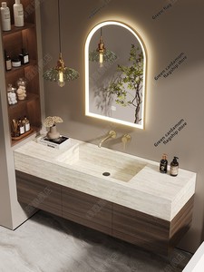 Mueble de Baño de Madera Maciza con <span class=keywords><strong>Lavabo</strong></span> Integrado de Losa de <span class=keywords><strong>Roca</strong></span> de Terracota, <span class=keywords><strong>Lavabo</strong></span> Minimalista de Estilo Japonés para Montar en la Pared - Product Image 6