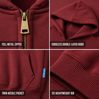 Sweat-shirt à capuche zippé personnalisé 460 GSM pour homme, 100 % coton, coupe ample, rouge bordeaux vintage, fermeture éclair intégrale, streetwear