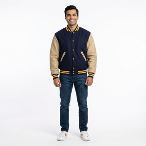 <b>Men's</b> Winter High Quality Baseball <b>Jacket</b> Stand Collar Front Logo 100% Cotton Leather Sleeves <b>Lettering</b> Covered Button Closure - Product Image 1