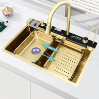 Évier de cuisine multifonctionnel en cascade en acier inoxydable SUS304 doré, poste de travail détachable pour la rénovation de cuisine domestique