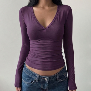Camiseta de Punto de Manga Larga con Cuello en V de Color Sólido para Mujer, Informal, Básica, Ajustada, Suave y Elástica, para Verano y Otoño - Product Image 2