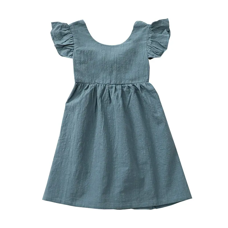 Hot sale fancy baby frocks cute latest linen cotton flutter sleeve baby dress designs fairy backless summer light blue dress