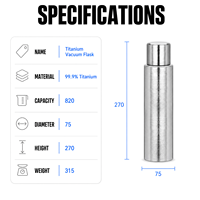 Bouteille isotherme à double paroi en titane pur 820ML, portable pour le camping, la randonnée, l'escalade, les sports