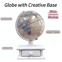 Globo Terráqueo Vintage de 20 cm con Cajón de Almacenamiento, Base de Madera Maciza, Soporte Metálico, Mapa Mundial en Papel HD, Decoración Educativa, Regalo para Oficina