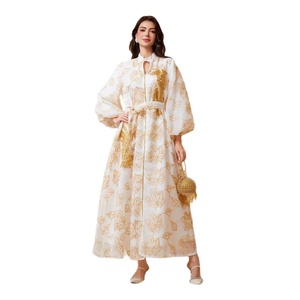 Jalabiya Sequin Burnout Floral Embroidered Puff Sleeve Abaya Ankle Length Winter Autumn V Neck Islamic Clothing Polyester <strong>White</strong> - Product Image 1