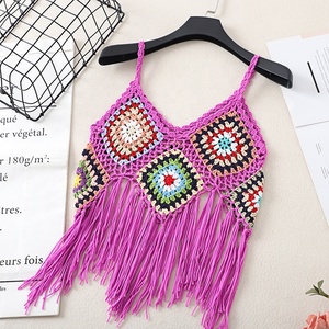Ventas calientes Mujeres Summer <span class=keywords><strong>Granny</strong></span> Square Hecho a mano Crochet Fringe Crop Top Cover up Vest - Product Image 1
