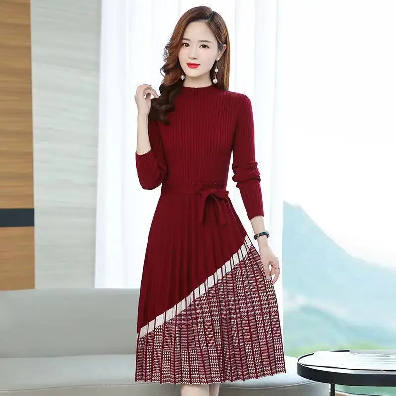 Huachao causal autumn knit women sweater dress slim fit pleat soild knit Lady sweater dress