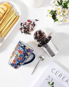 Tasse à thé en céramique bohème avec infuseur et couvercle, 18 onces, idéale pour le thé et le café - Product Image 3