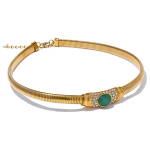 JINYOU 2635 Stainless Steel Cuban Elastic Chain Choker Necklace High-Grade Green Natural Stone Zircon Golden Premium Jewelry