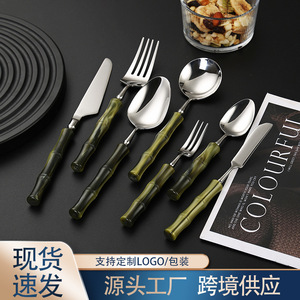 304 Stainless Steel Western Dinnerware Set Bamboo Handle Steak Knife Fork Spoon <b>Dessert</b> Soup Party Use Durable - Product Image 5