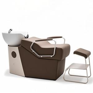 Fauteuil de lavage semi-inclinable moderne pour salon de coiffure, lit de lavage de cheveux avec cadre en acier inoxydable et bac à débordement, mobilier de barbier - Product Image 6