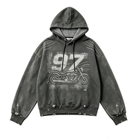 Sweat à capuche vintage délavé avec impression moto Kornit DTG, détails de couture, ourlet effiloché, streetwear