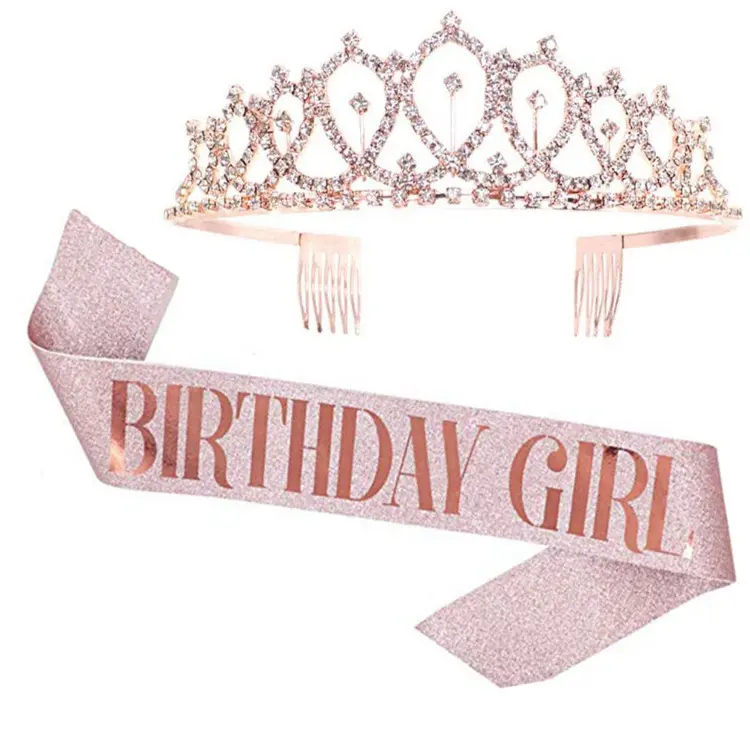 Amazon hot sale unique glitter happy birthday queen girl sashes set birthday sash and tiara crown for birthday party decoration