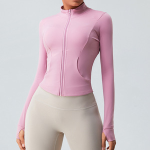 Veste de yoga personnalisée OEM pour <span class=keywords><strong>femme</strong></span>, entièrement zippée, col montant, manches longues, passe-pouces, taille cintrée, effet ventre plat, <span class=keywords><strong>manteau</strong></span> d'entraînement - Product Image 1