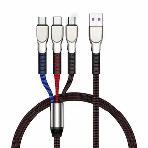 Factory Nylon Braided Micro USB Type C L 3 in 1 cables Phone Charger zinc alloy 6A Fast Charging USB Data Cable