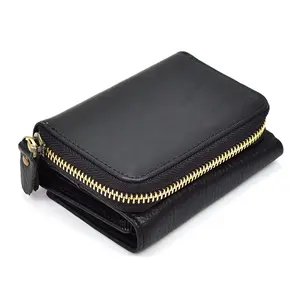 Cartera de cuero de vaca con bolsillo para monedas para hombre, billetera corta con cremallera negra, funda para monedas Trifold