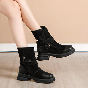 Bottines d'hiver de luxe en cuir de vachette style rétro britannique, confortables, grandes tailles, fermeture éclair, antidérapantes, talon fourré, style western, noires - Product Image 5