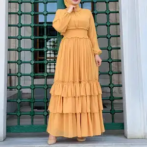 OEM Chiffon Robe Yellow Moroccan Long Layered Muslim Dress Women From Islamic Clothing Ethnic Clothing