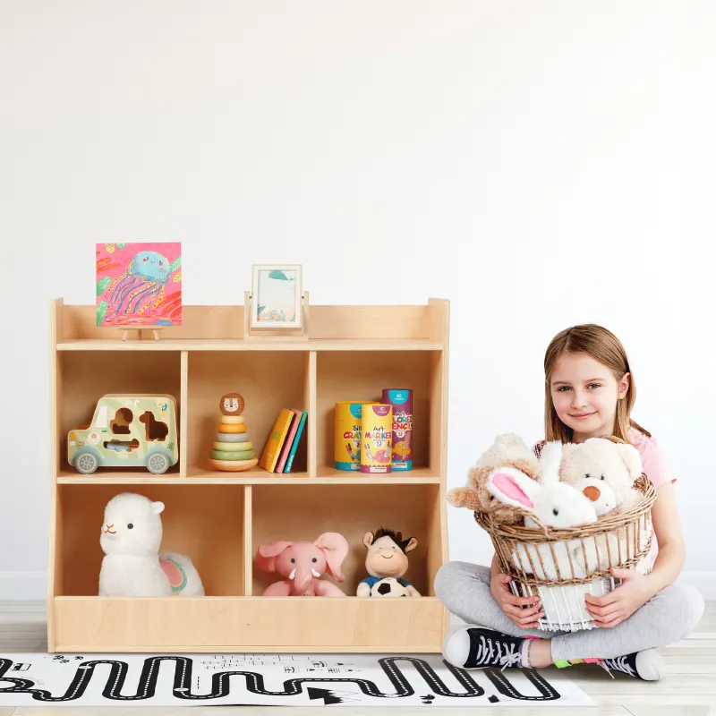 Holz-Kinderaufbewahrungsregal Heimmöbel Montessori-Kinder-Spielzeug-Vorführregal mit 5 Aufbewahrungsbehältern