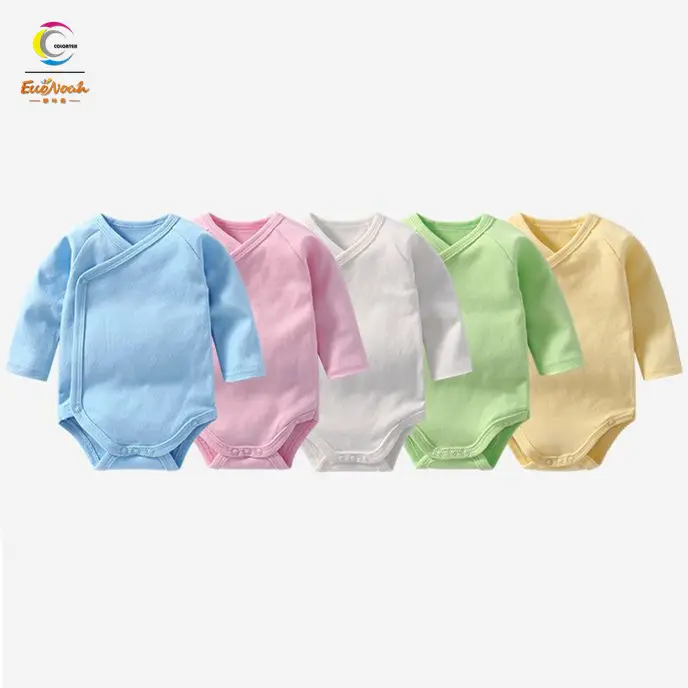 Custom OEM blank color long sleeve 100% cotton newborn baby bodysuit side open belly protection baby clothing romper