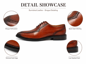 <b>Mens</b> Burnished Brown Brogue Derby Shoes Genuine Leather <b>Apron</b> Toe Lace-Up Rubber Sole Formal Dress Shoes - Product Image 2