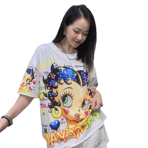 T-shirt Casual da <span class=keywords><strong>Donna</strong></span> a Girocollo a Maniche Corte in <span class=keywords><strong>Cotone</strong></span> Poliestere con Stampa Anime Cartoon e Perline, Vestibilità Ampia, per Commercio Estero Transfrontaliero - Product Image 5
