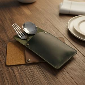 Estuche de Cuero Genuino Personalizado y Reutilizable para Cubiertos, Regalos Empresariales, para Camping, Restaurante, Personalizable - Product Image 5