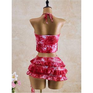 Conjunto de bikini de 3 piezas con estampado Tie Dye y falda con volantes para mujer de FOXA, en spandex elástico y poliéster. - Product Image 3