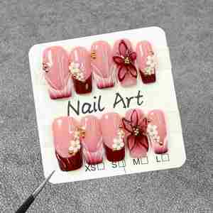 <span class=keywords><strong>Uñas</strong></span> Acrílicas Cuadradas Medianas en 3D <span class=keywords><strong>con</strong></span> Diseño de <span class=keywords><strong>Flores</strong></span>, Estilo Francés <span class=keywords><strong>Nude</strong></span>, <span class=keywords><strong>Uñas</strong></span> Postizas Acrílicas Reutilizables, Hechas a Mano, Personalizadas - Product Image 2