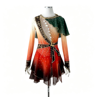 Robe de patinage artistique dégradé rouge-vert avec strass, manches longues, pour enfants et adultes, tenue de performance pour compétition sur glace