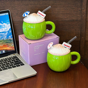 Modern Customized Ceramic <b>Coconut</b> Shape Mug Cute Lid Straw Water <b>Cup</b> Birthday Gift <b>Cup</b> Couple Presents Milk Breakfast <b>Cup</b> Office - Product Image 1