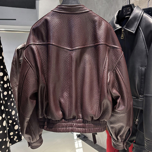 Veste en peau de mouton véritable de haute qualité, veste bomber en cuir véritable surdimensionnée pour femmes, automne - Product Image 6