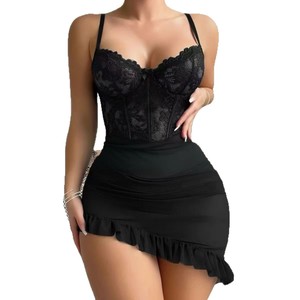 Navy Blue Lace Camisole With Mesh Skirt Two Piece Set Women Sleepwear Sexy Lingerie <b>Bodysuit</b> Soft Polyester Fabric - Product Image 4